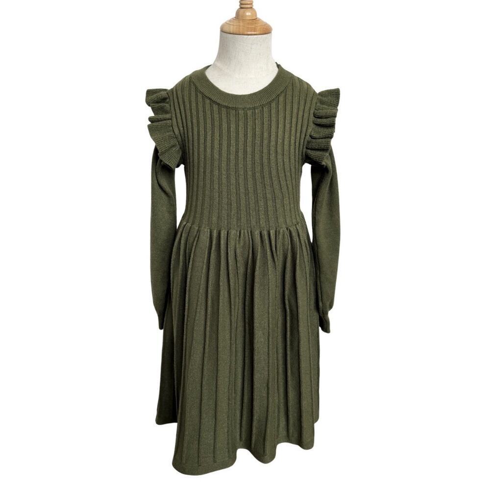 Danna Belle Girls Ribbed Knit Dress 6Y Olive Green Ruffle Shoulder Long Sleeve